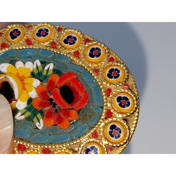 Vintage Italian Floral Micro Mosaic Oval Brooch, Murano Glass, 1950s, 1 1/2 Inch - Picture 5 of 10